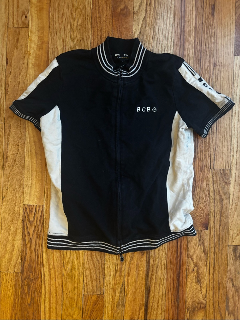 BCBG Black and White Short Sleeve Zip Track Top